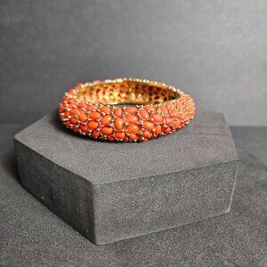Kenneth Jay Lane Style Coral Red Orange Cabochon Hinged Heavy Bangle Bracelet